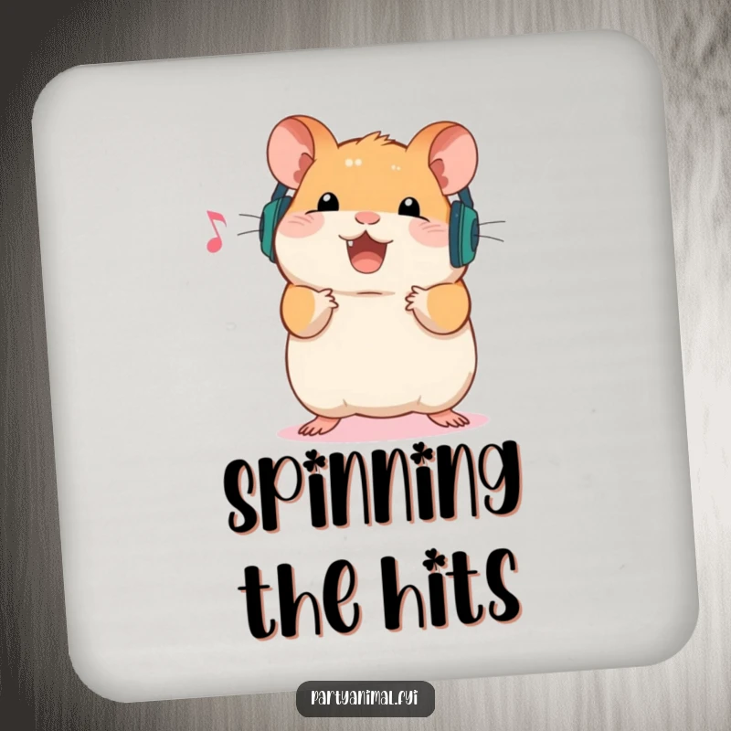 Funny Drink Coaster featuring a happy hamster wearing headphones, ready to bounce to music, protecting surfaces with a playful and musical design.
