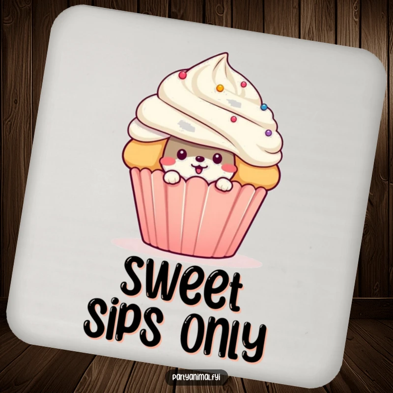 Funny mischievous animal character peeking from behind a giant cupcake on a drink coaster, adding sweet charm and surface protection.