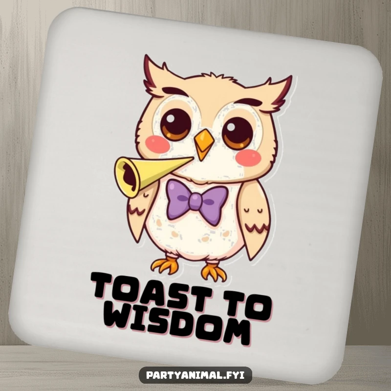 Funny Drink Coaster showcasing a happy owl wearing a bow tie, blowing a party horn.