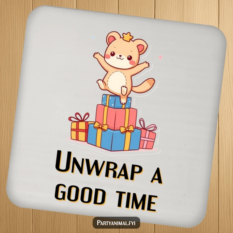 Funny animal character dancing on colorful presents on a drink coaster, adding festive cheer and surface protection.