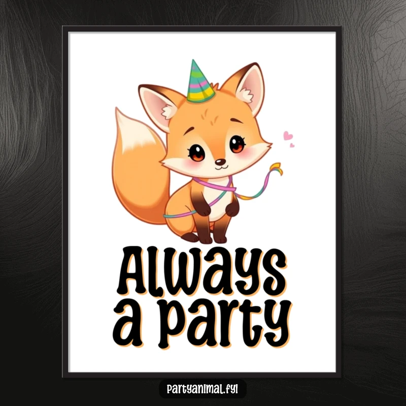 Funny Poster featuring a curious fox with a colorful party streamer decorating its tail, creating a playful and charming piece of whimsical wall art.