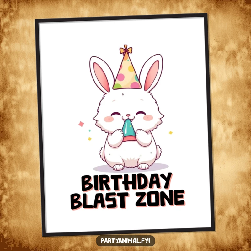 Funny poster of a fluffy bunny wearing a party hat and blowing a noisemaker with extreme glee, perfect for festive decor.