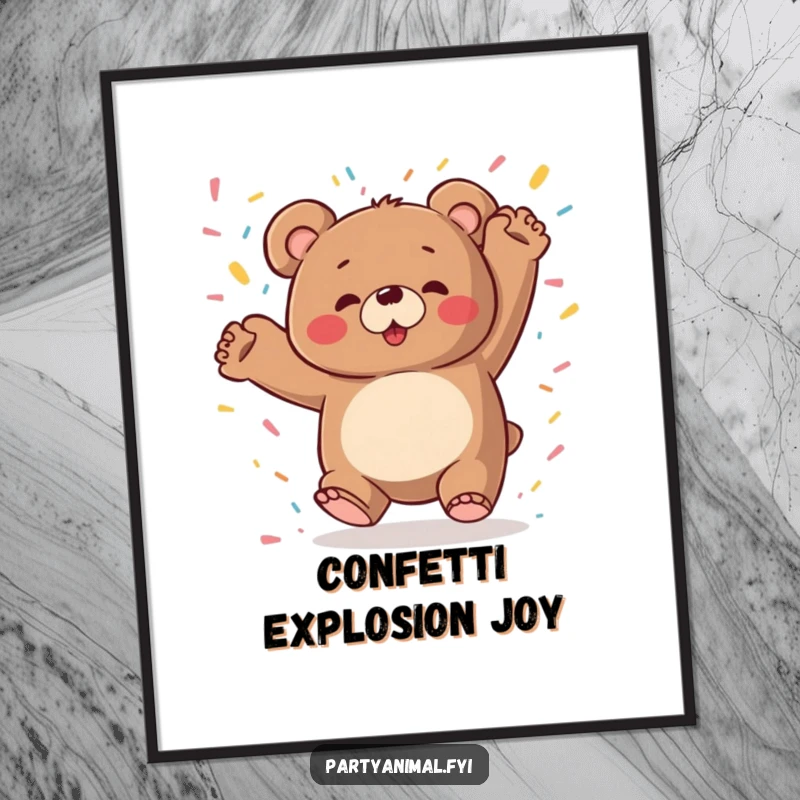 A chubby bear dances wildly with colorful confetti raining down, depicted on a vibrant and funny art poster.