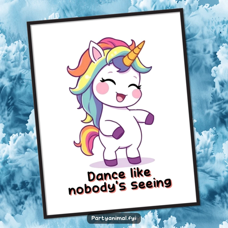 Funny unicorn poster featuring a giggling character with a rainbow mane, doing a whimsical silly dance, bringing colorful joy to any room.