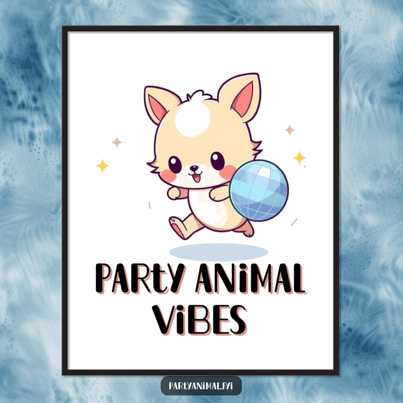 Funny animal character with determination, chasing a reflective disco ball, creating a vibrant and humorous wall art piece.