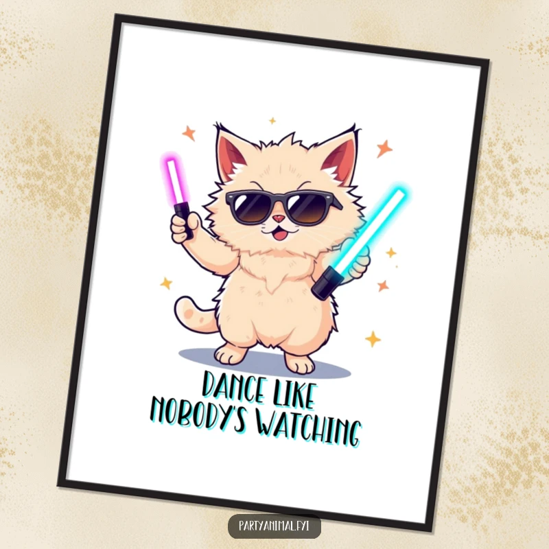 Funny poster of a cat with sunglasses enthusiastically dancing with vibrant glow sticks, creating a lively party atmosphere.