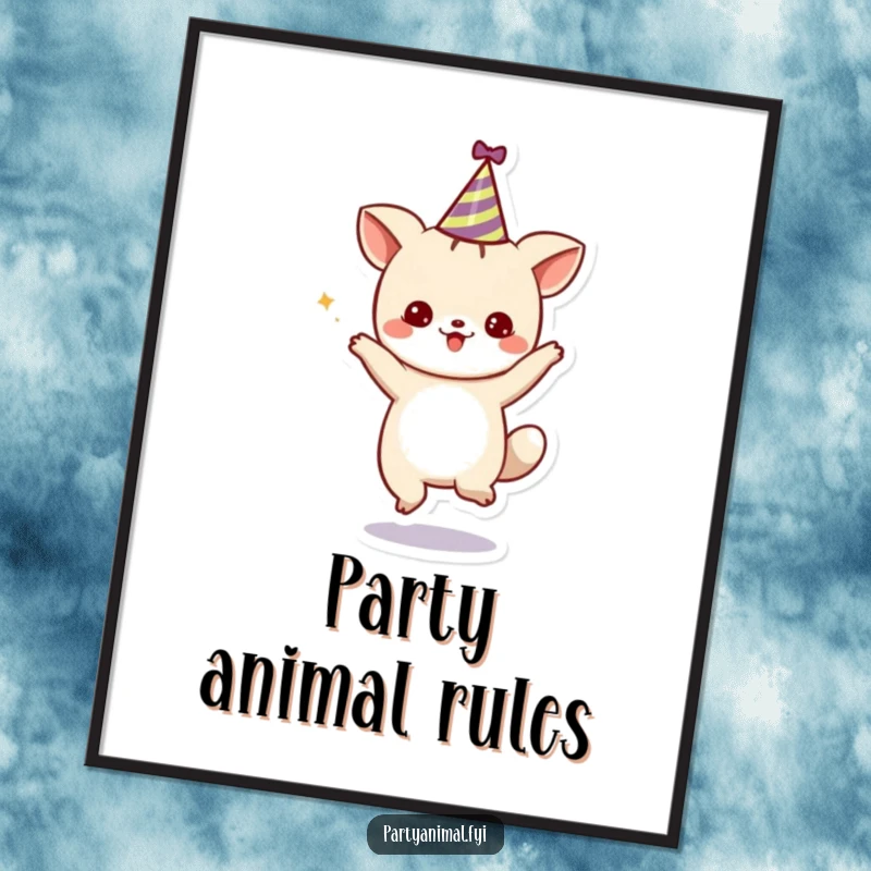 Funny Poster: A cute animal character dancing joyfully with a party hat, bringing festive cheer and playful vibes to wall decor.