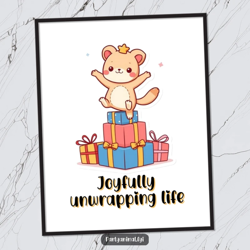 Funny animal character dancing on a stack of colorful presents on a poster, bringing vibrant celebration and joyful energy.