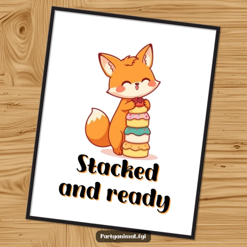 Funny poster art of a cute orange fox character expertly balancing a tower of small cakes, adding a whimsical touch to any room.