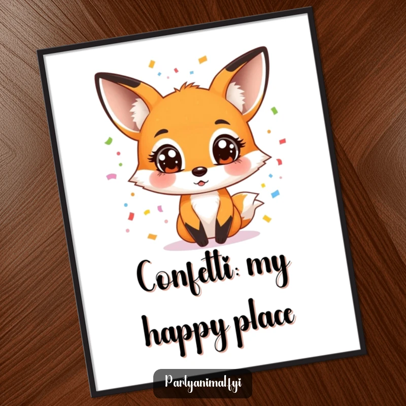 Funny poster featuring a wide-eyed fox character juggling an explosion of colorful confetti, capturing a moment of pure, uninhibited celebration.