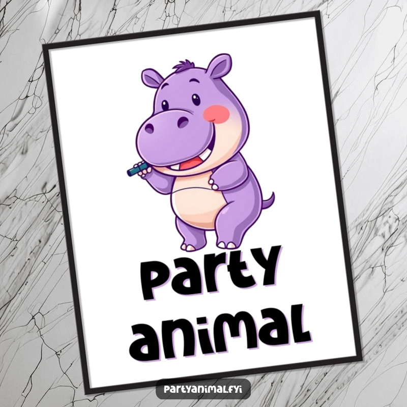 Funny Poster of a purple hippo character happily twirling a noisemaker with a wide, infectious smile.