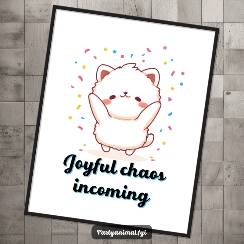 Funny fluffy animal character throwing colorful confetti on a poster, bringing vibrant joy and festive energy to any space.