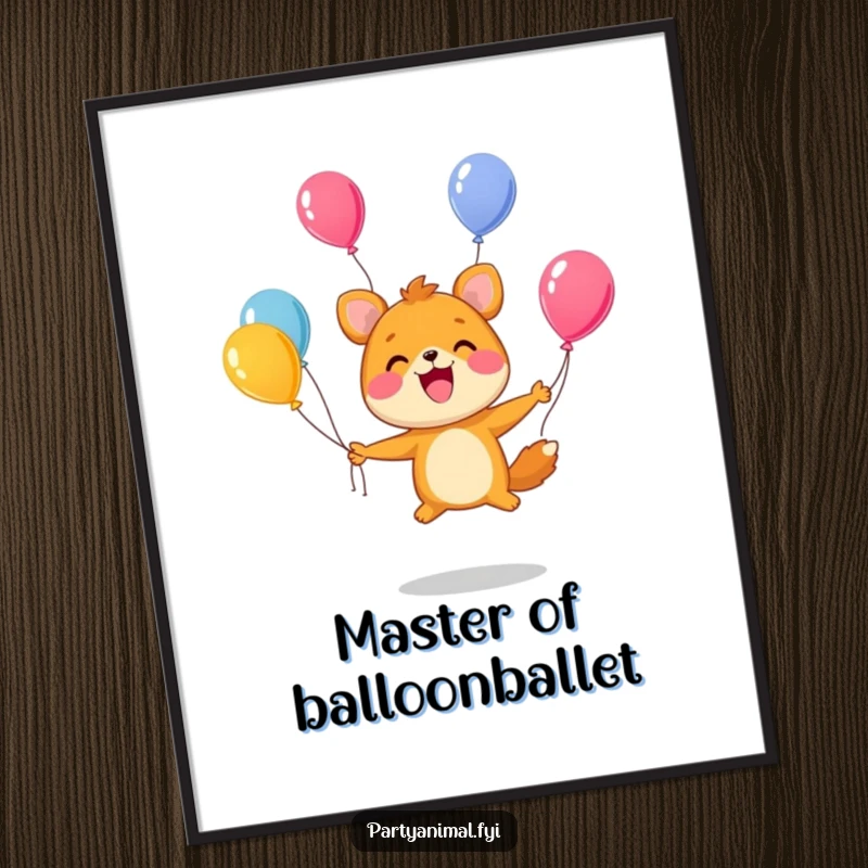 Funny Poster: A cute animal character happily juggles numerous bright balloons, exuding immense joy and skill.