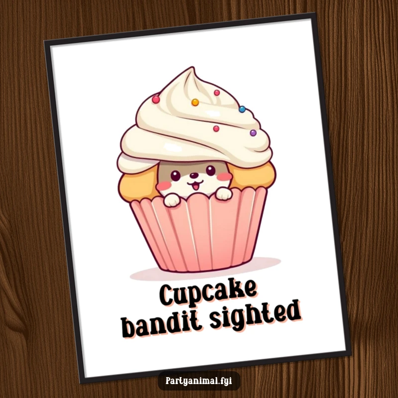 Funny mischievous animal character peeking from behind a giant cupcake on a poster, bringing sweet mischief and playful delight.