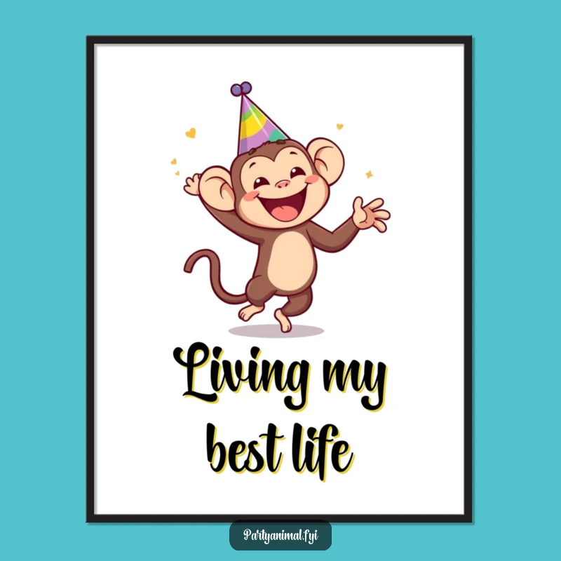 Funny Monkey Dancing Poster: Jubilant Party Hat Wall Art Gift