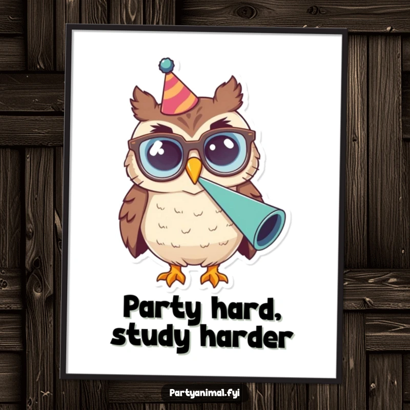 Funny Owl Glasses Party Horn Poster: A smiling owl with oversized glasses is shown blowing a party horn loudly, creating a festive and humorous atmosphere.