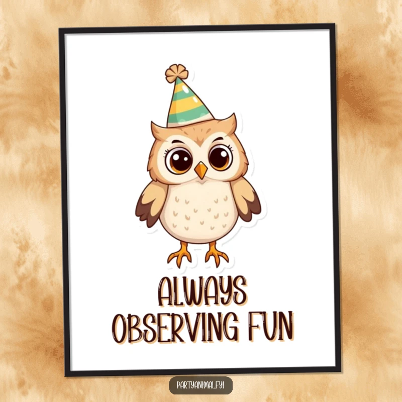 Funny Owl Poster: A curious owl sporting a funny party hat surveys its surroundings, inviting viewers into a world of playful wonder.