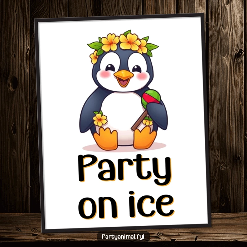Funny poster artwork of a happy penguin adorned with a lei and shaking maracas, radiating tropical party energy.