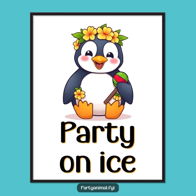 Funny Penguin Lei Poster: Tropical Party Decor, Hilarious Bird Art Gift