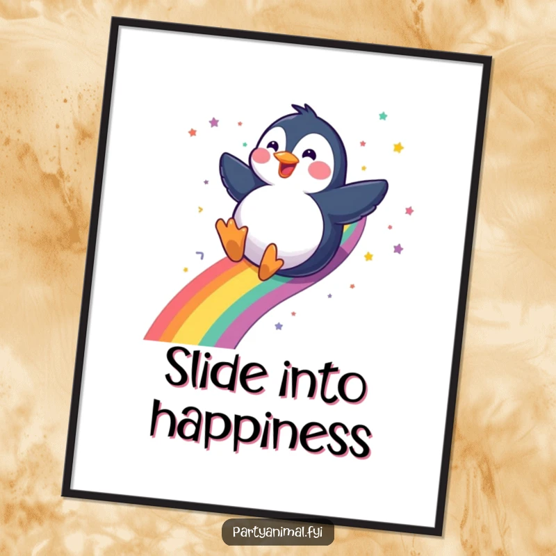 Funny gleeful penguin sliding down a rainbow with a confetti trail on a poster, creating a whimsical and joyful visual, an excellent funny gift.