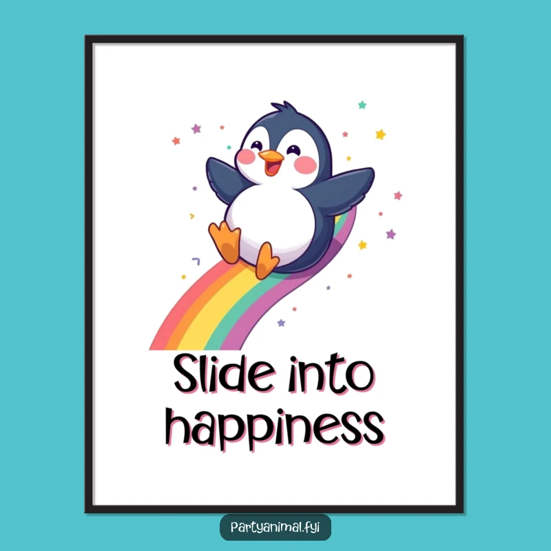 Funny Penguin Rainbow Poster: Gleeful Slide Wall Art Gift