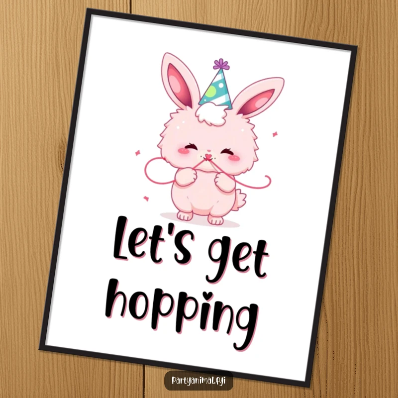 Funny fluffy pink bunny wearing a party hat, joyfully blowing a streamer, creating a festive and celebratory mood.