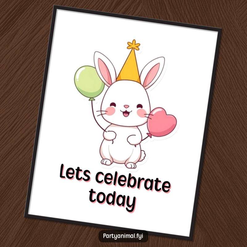 Funny poster art of a cheerful rabbit character in a party hat holding a balloon, perfect for adding festive energy.