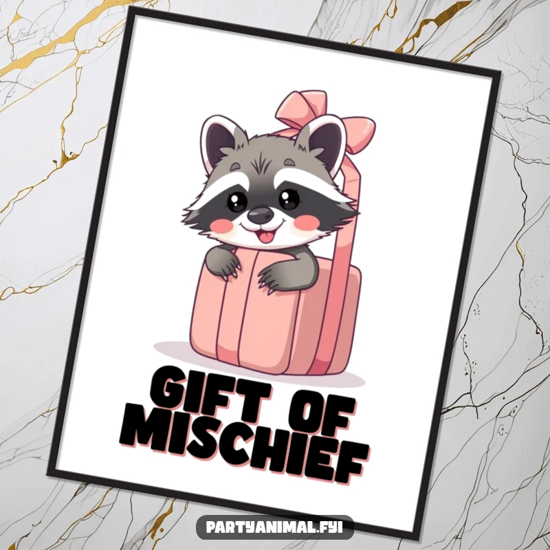 Funny raccoon poster of a giggling raccoon peeking from behind a giant unwrapped gift, radiating curiosity and fun.