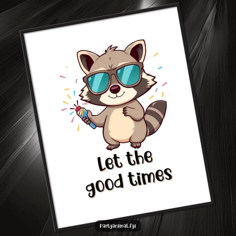 Funny poster of a mischievous raccoon wearing sunglasses and holding a confetti popper, ready to add festive cheer.