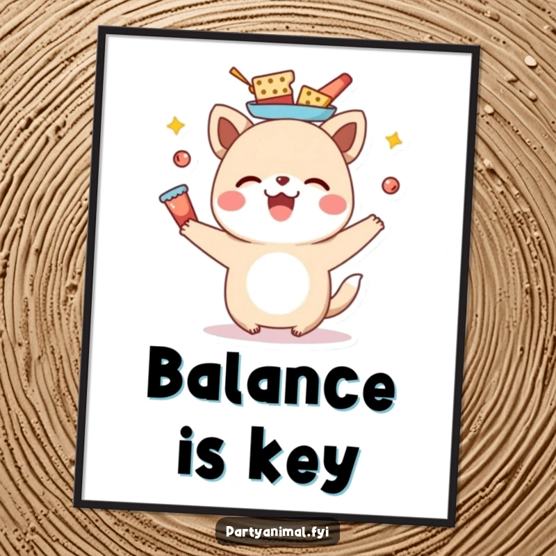 Funny animal character showcasing impressive snack-balancing skills on its head, creating humorous and appetizing wall art.