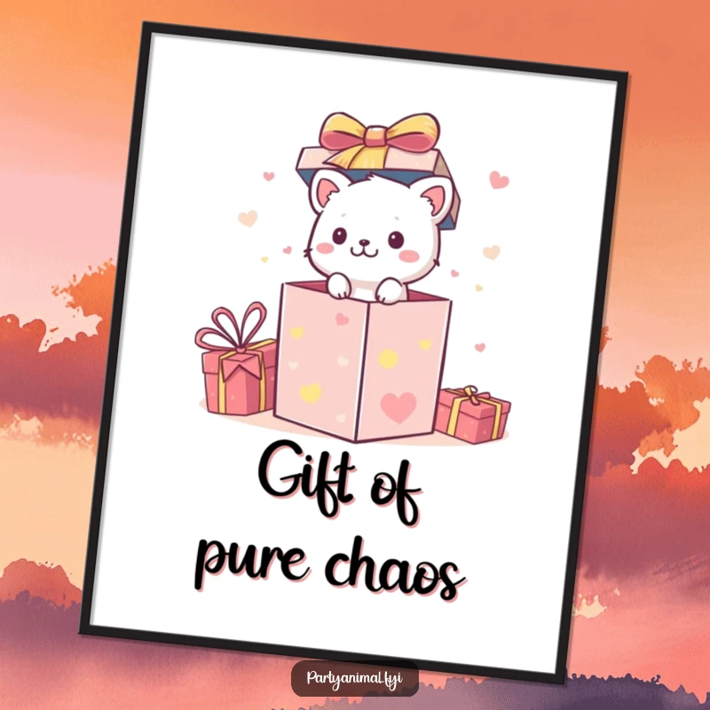 Funny Poster: A small animal character bursts energetically out of a festive gift box, creating a moment of pure joy.