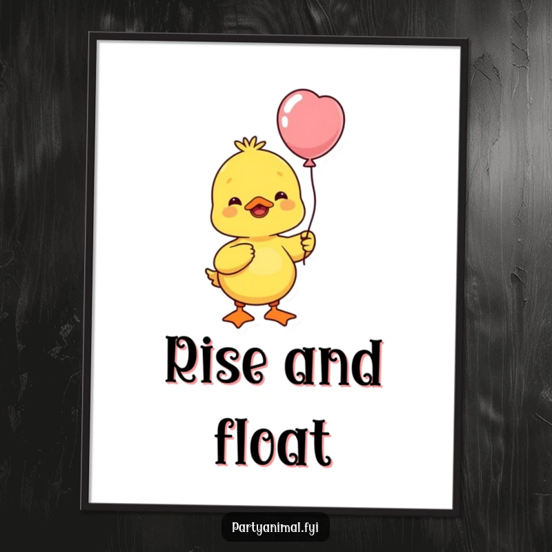 Funny cheerful yellow duck holding a balloon, joyfully bobbing its head, a delightful piece of wall art.
