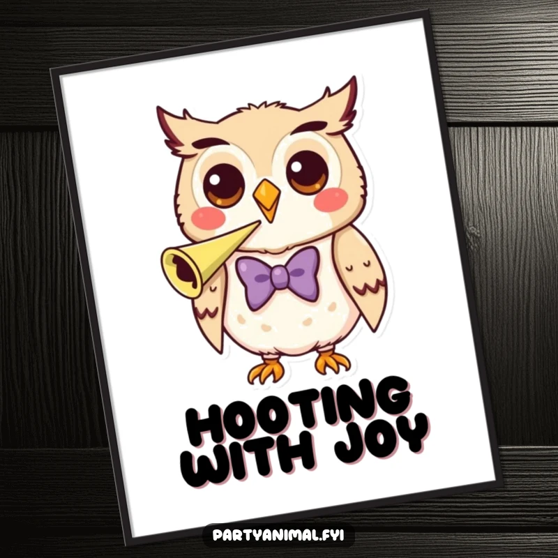 Funny Poster of a happy, bow-tied owl joyfully blowing a party horn, exuding celebratory wisdom.