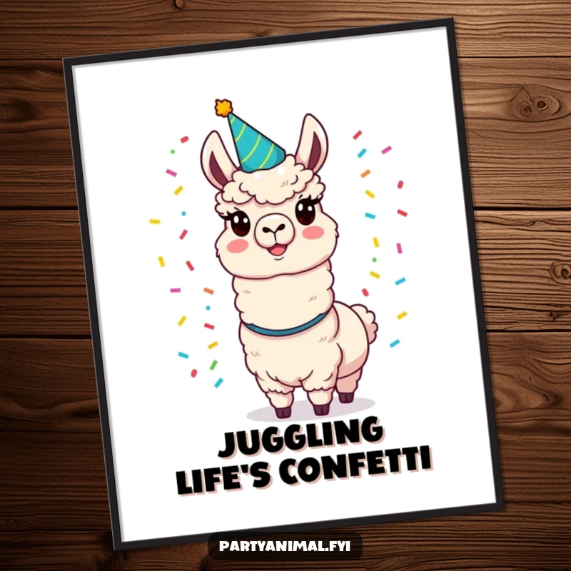 Funny llama poster featuring a cheerful llama in a party hat, expertly juggling colorful confetti, exuding pure joy.