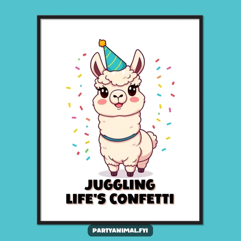 Funny Llama Party Poster: Vibrant Juggling Confetti Llama Art for Festive Walls