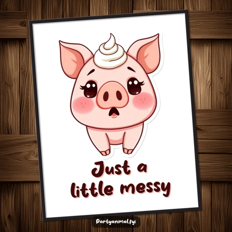 Funny poster art of a surprised pig character with its nose and snout completely covered in delicious cake frosting, looking bemused.