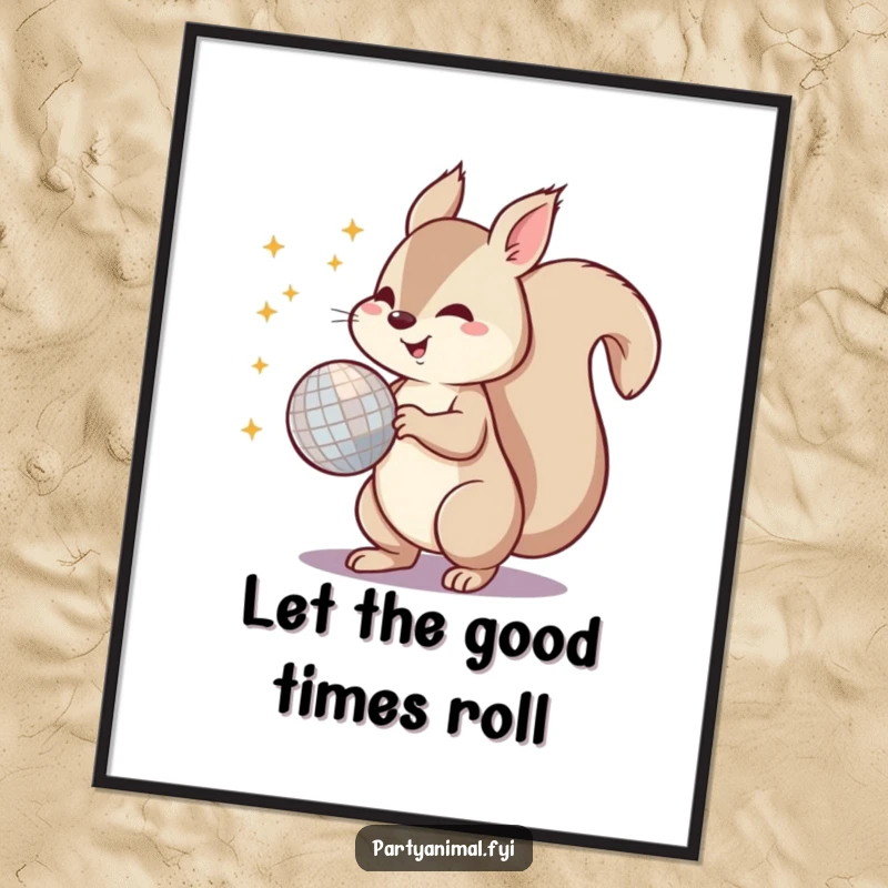 Funny poster art of a hyper squirrel spinning a dazzling disco ball with its tail, creating a vibrant, energetic dance scene.