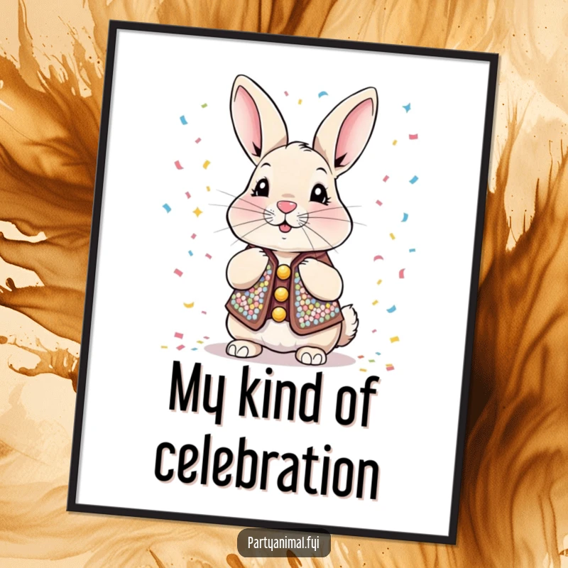 Funny Poster featuring a sequined rabbit enthusiastically blowing confetti, creating a lively and festive visual statement for whimsical wall decor.