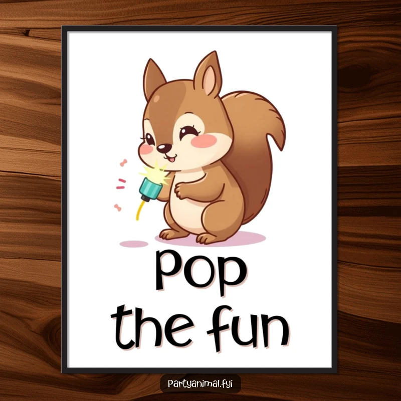 Funny Kawaii Squirrel Poster: Adorable squirrel examining a glowing party popper, creating intriguing and humorous wall art.