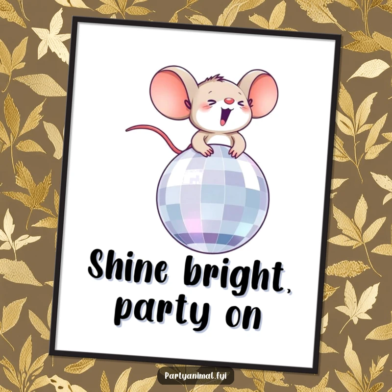 Funny poster illustration of a tiny, overjoyed mouse character expertly riding a dazzling disco ball, radiating festive energy.