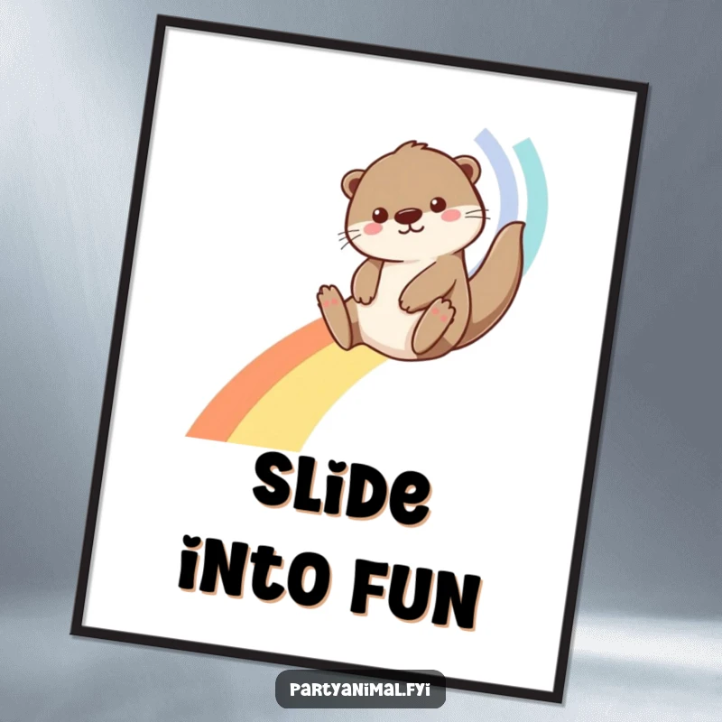 Funny Otter Poster: An adorable otter gleefully descends a vibrant rainbow made entirely of colorful streamers, sparking joy and amusement.