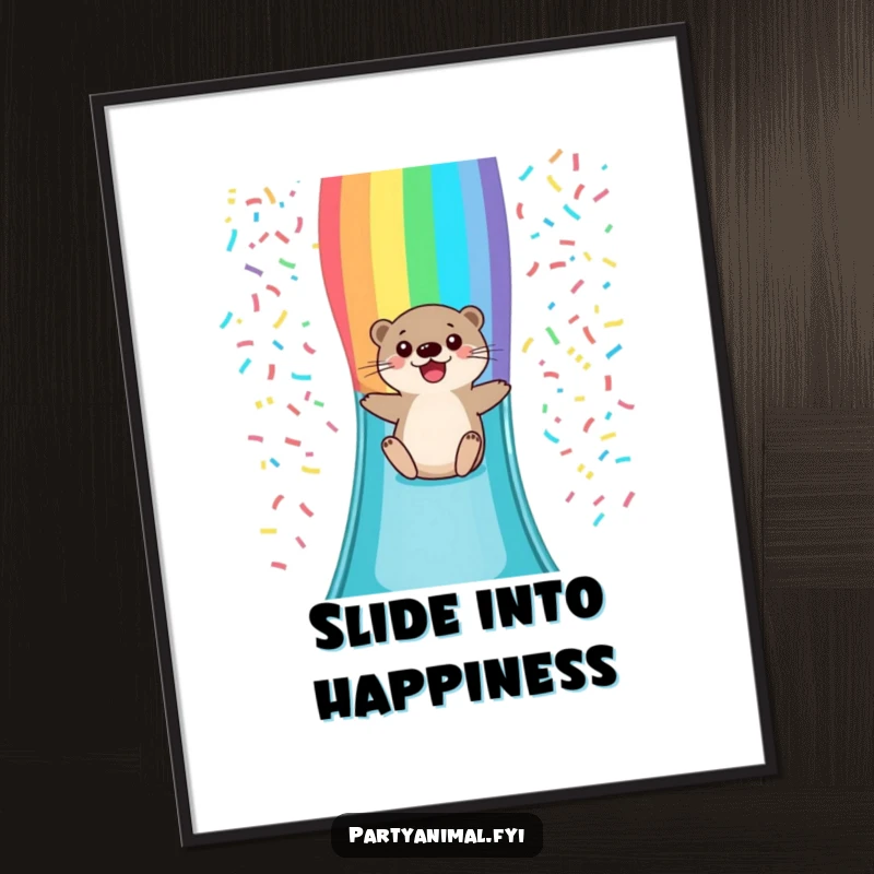 Funny poster featuring a delightful otter character in mid-slide down a vivid rainbow confetti slide, radiating pure, unadulterated joy and fun.