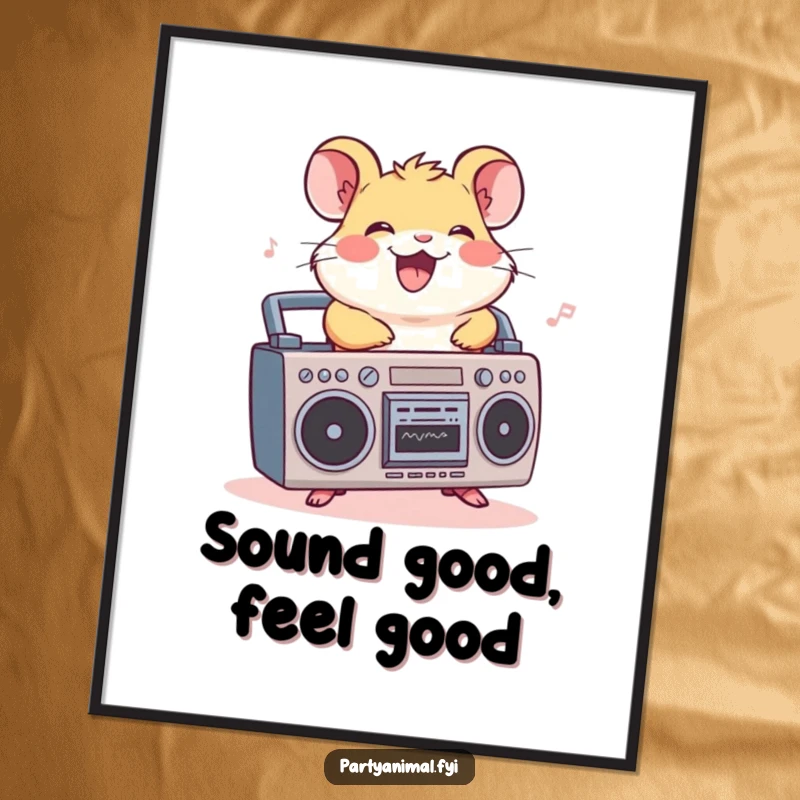 Funny hamster poster, a cheerful character riding a miniature boombox, grooving to music, creating a vibrant, fun atmosphere.
