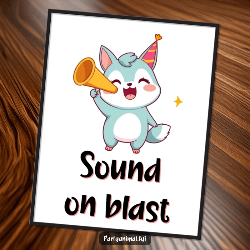 Funny poster print of a joyous animal character loudly blowing a party horn, creating a festive and energetic atmosphere.