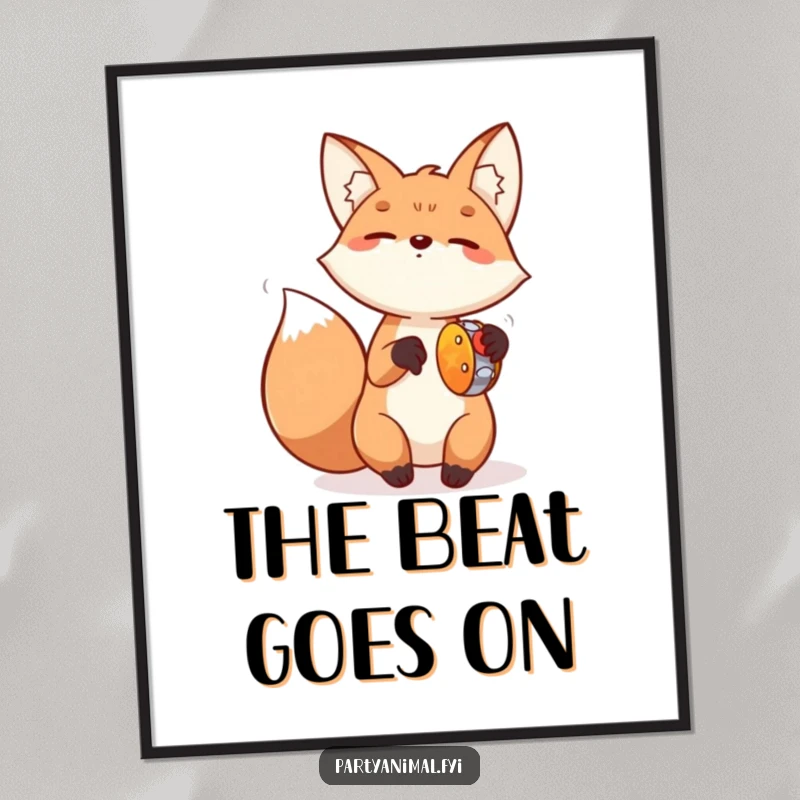 Funny Fox Tambourine Poster: A jubilant fox performs an energetic tambourine solo with its paws flying, bringing a visual symphony of happiness.