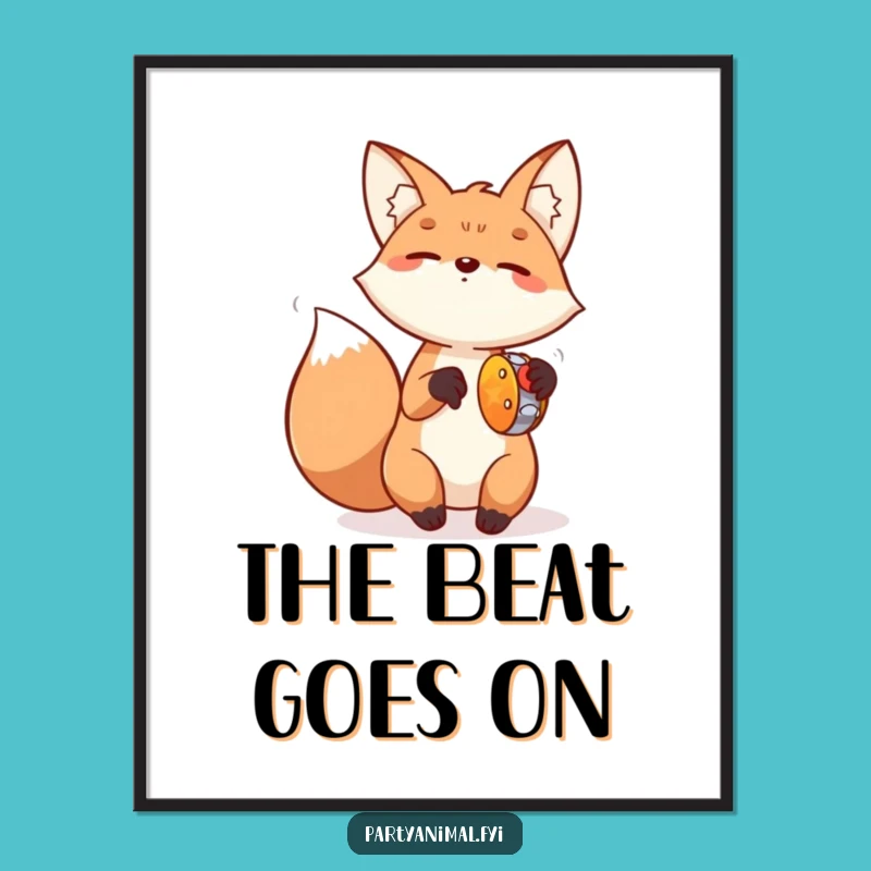 Funny Fox Tambourine Poster: Energetic Animal Art Print, Amazing Funny Gift!