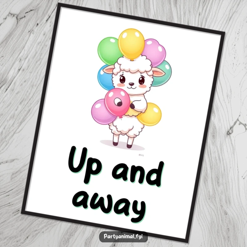 Funny sheep poster of a fluffy character balancing a stack of brightly colored balloons, radiating cheerful energy.