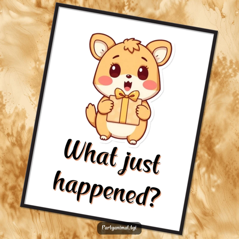 Funny poster print of an animal character with a shocked yet happy expression, holding a gift box.