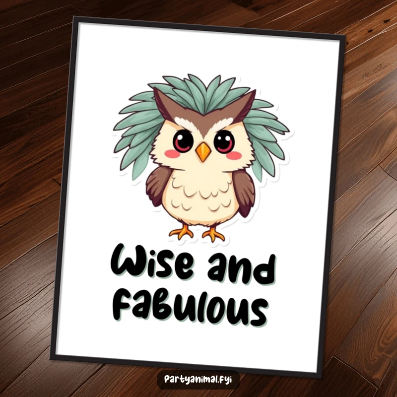 Funny poster featuring a silly owl character elegantly adorned in a feathered boa, striking a confident and glamorous pose, perfect for display.