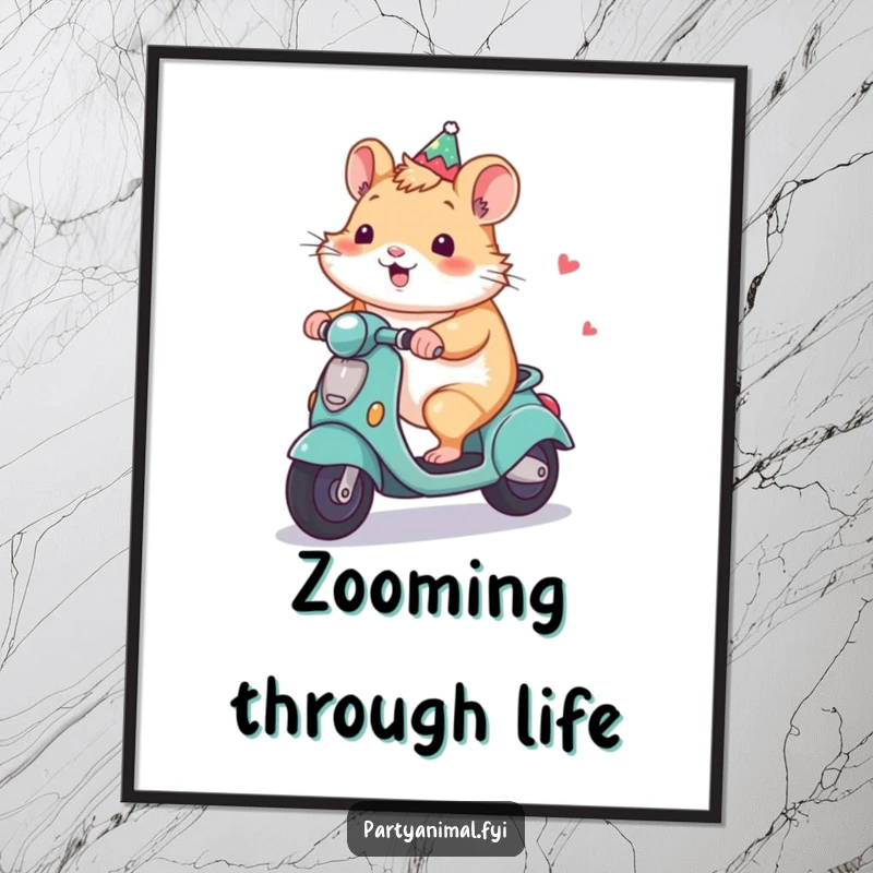 Funny Hamster Poster: A happy hamster rides a miniature decorated party scooter, bringing a sense of playful adventure to your walls.